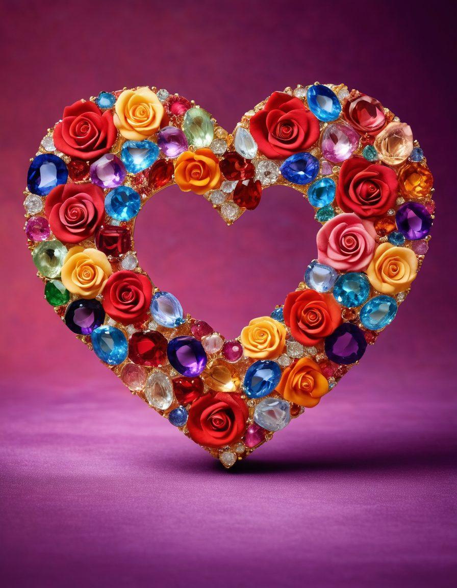 A dazzling array of radiant gemstones reflecting brilliant colors, set in a heart-shaped arrangement on an elegant velvet background. Soft, diffused light highlights the textures of each stone, invoking a sense of warmth and passion. Delicate rose petals surround the gems, enhancing the romantic atmosphere. The scene is framed by an ethereal glow, symbolizing love and commitment. super-realistic. vibrant colors. soft focus.
