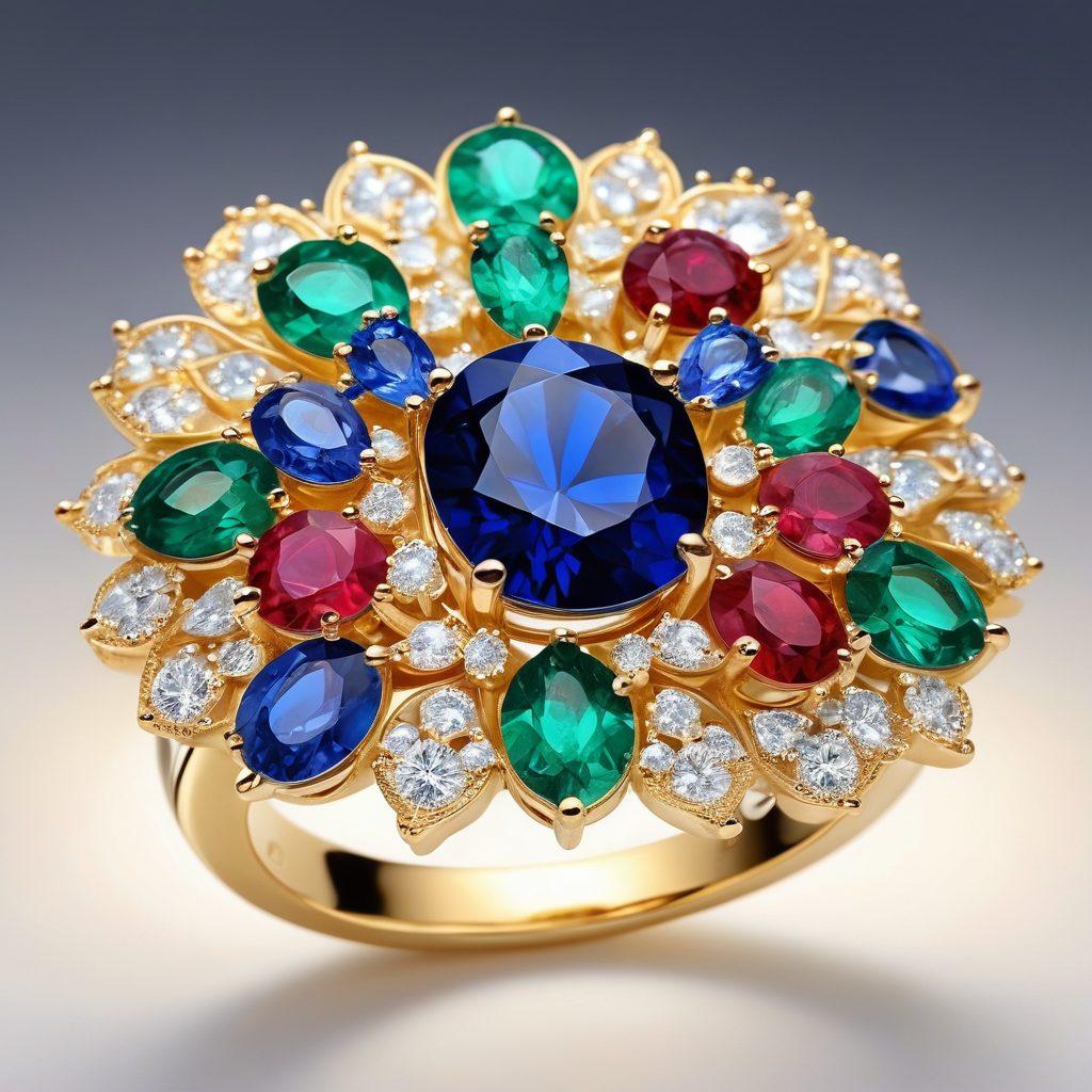 A stunning collection of various gemstones like sapphires, rubies, and emeralds, interspersed with delicate flowers symbolizing passion and elegance. The background is softly blurred to emphasize the glittering beauty of the gems, with warm, romantic lighting casting a glow. Soft glimmers of light reflect off the stones illustrating passionate connections. super-realistic. vibrant colors. elegant composition.