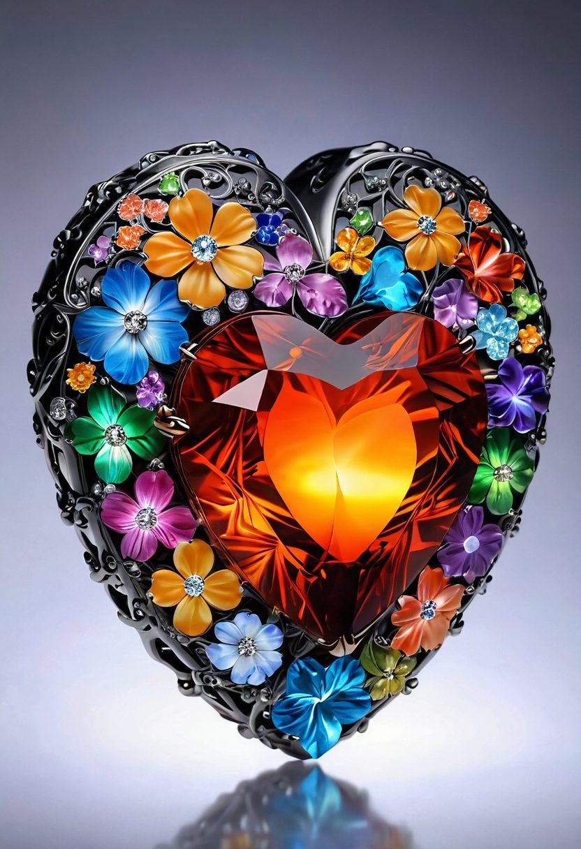 A stunning heart-shaped gemstone glowing with vibrant colors, surrounded by delicate floral motifs symbolizing love. Soft, mystical light radiates from the gem, illuminating the surrounding elements, suggesting warmth and affection. Include faint silhouettes of a couple embracing in the background. ethereal, super-realistic, vibrant colors.
